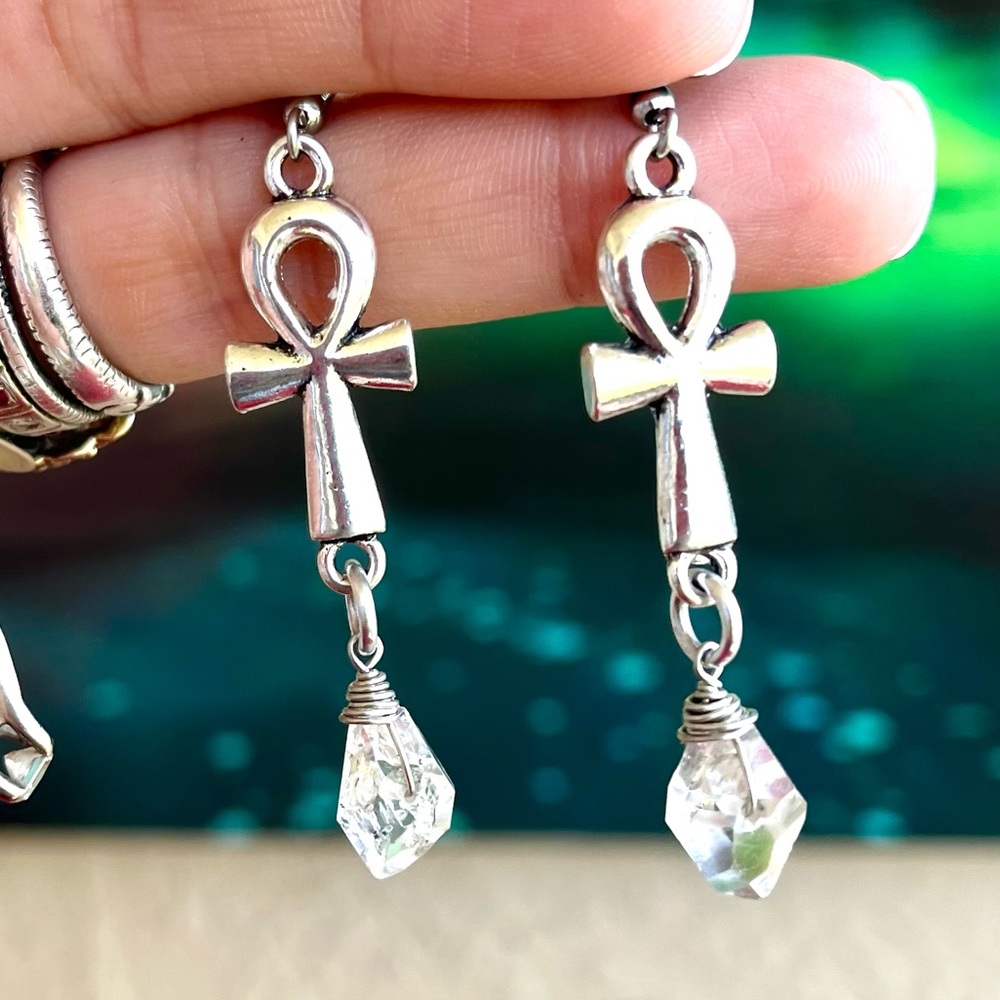 Herkimer diamonds anhks egyptian crosses earrings stainless steel post crystals - Picture 10 of 12